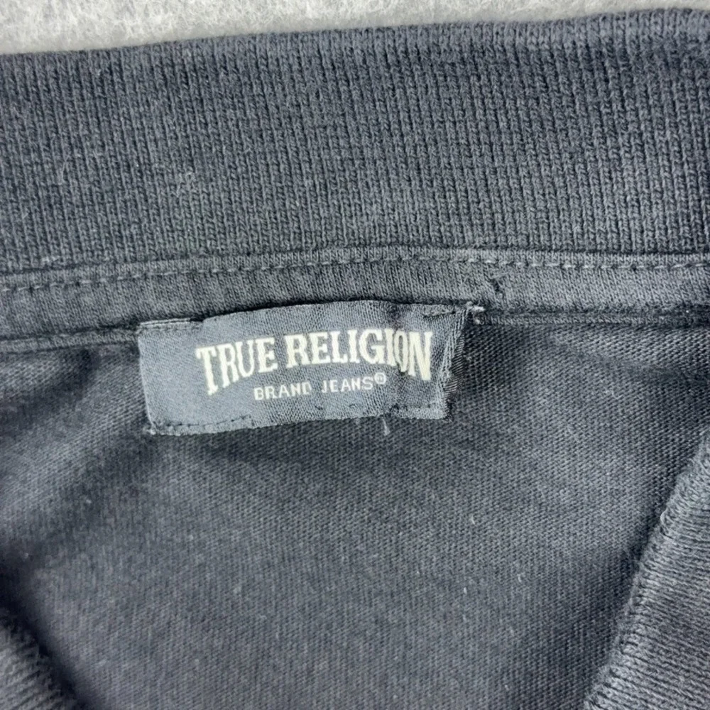 True Religion Shirt Mens XL Black Logo‎ Zipper Tape Polo Horseshoe Short Sleeve